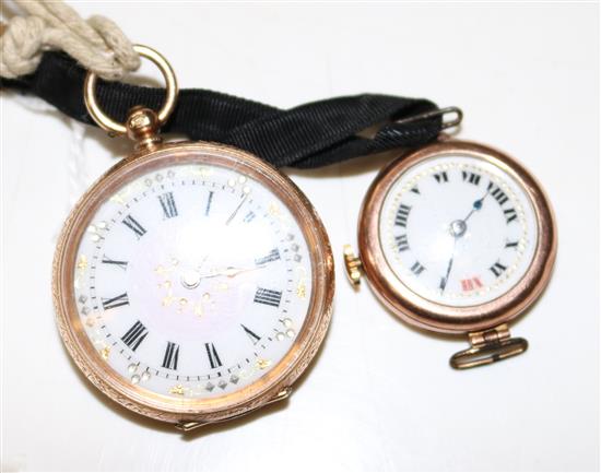 Ladies 14ct gold keyless fob watch on 9ct chain and a ladies 9ct gold wristwatch